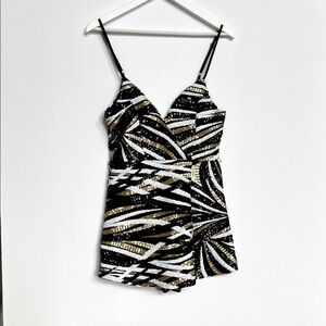 Luxxel Black Gold White Sequin Skirted Romper Dress HOCO NYE Party Women Sz M